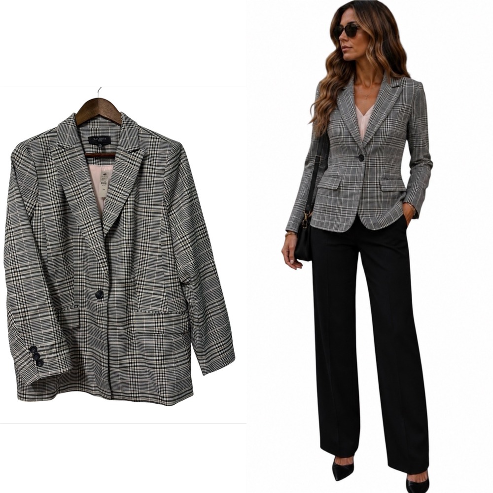 Talbots Blazer Women 14P Glen Plaid Black White Single Button Petite Jacket NWT